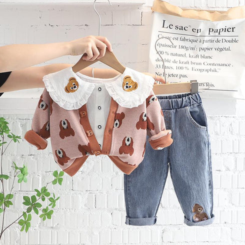 Girl Bear Lapel Shirt Long Sleeve Set Baby Girl Casual Cardigan Jeans Three Piece Set