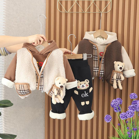 Winter boys thick hooded vests long sleeve three-piece set