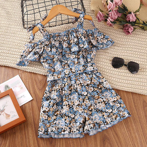 Girls' Summer Floral One Shoulder Bandage Bow One-piece Shorts
