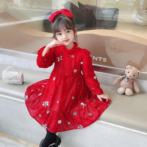Festive New Year Christmas Girls Princess Dress Winter Plus Velvet Sequined Princess Dress