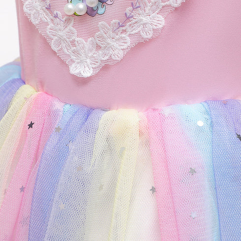 Girl's Rainbow Mesh Dress Knit Unicorn Princess Dress