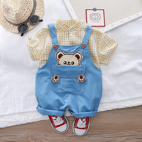 Handsome Shirt Short Sleeve Suit Casual Suspender Two Piece Set