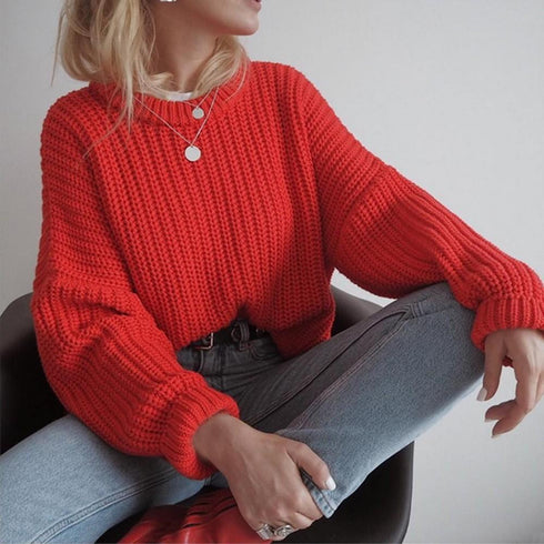 Fall Winter Loose Solid Color Crewneck Knit Pullover