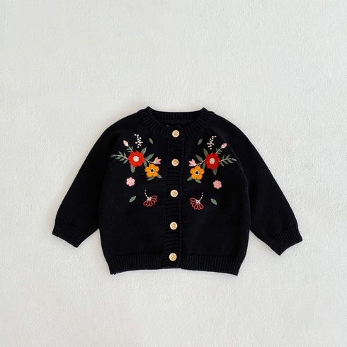 Spring and Autumn Flower Embroidered Cotton Knitted Sweater Long Sleeve Jacket