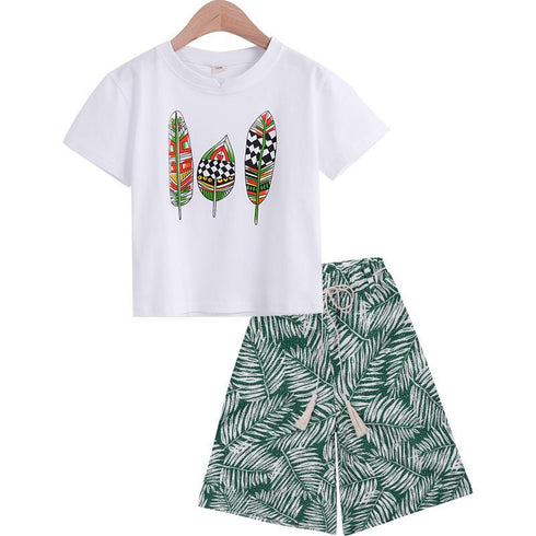 Girls Summer Leaf Graffiti T-shirt Lace Up Wide Leg Pants Two Piece Set