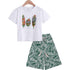 Girls Summer Leaf Graffiti T-shirt Lace Up Wide Leg Pants Two Piece Set