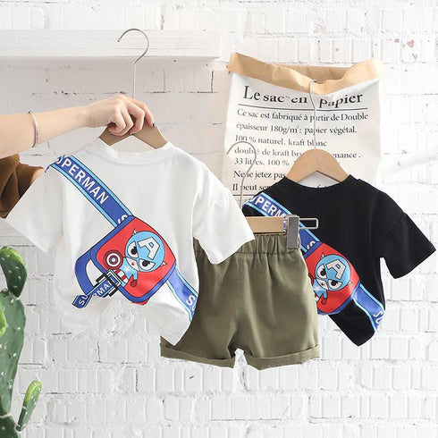 Boys' printed cartoon bag short sleeved Pullover two piece set