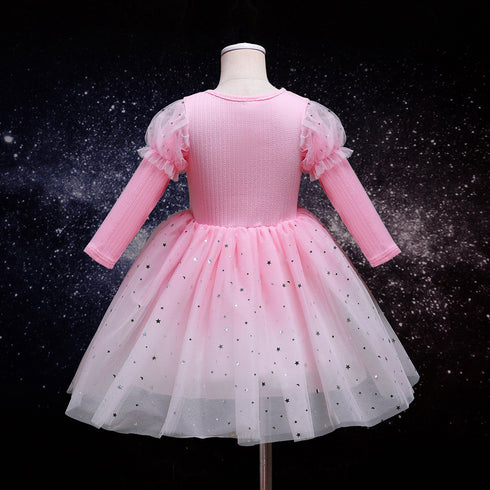 Girls Long Sleeve Dress Autumn New Gradient Starry Mesh Sequins Children's Dress Princess Dress