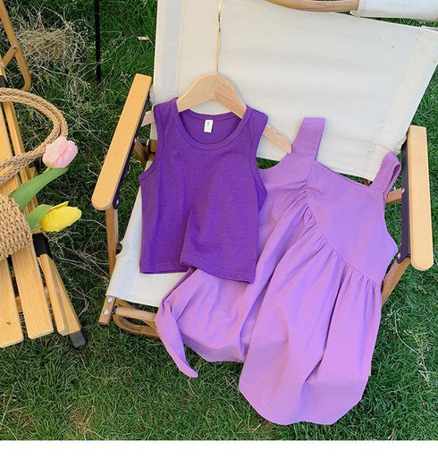 Purple Vest Skirt T-shirt Two Piece Set