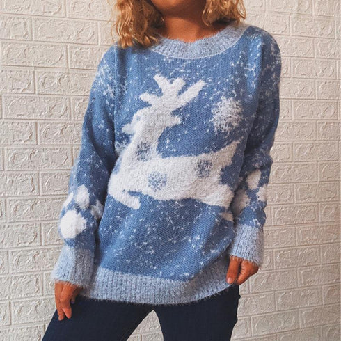 New Year Christmas Sweater Fawn Snowflake Crewneck Knit Pullover