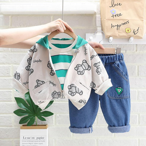 Long sleeve striped sweater zipper cardigan cotton jeans casual suit