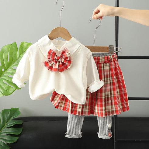 Plaid Bow College Style Skirt Pants Two-piece Set