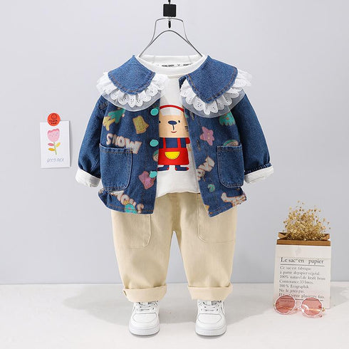 Girl's Denim Coat Cardigan Three-Piece Set