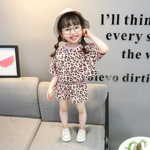 Girls Leopard Short Sleeve Shorts Two Piece Set