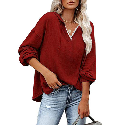 Fall Winter Solid Lace V-Neck Loose Hoodie