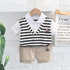 Lapel Stripe Fake Vest Short Sleeve Suit Casual Shorts Two Piece Set