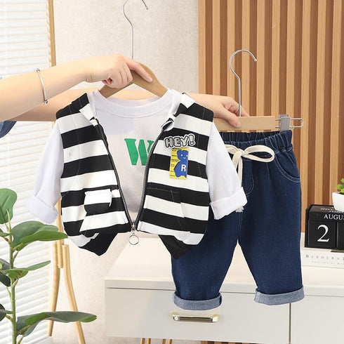 Spring and autumn boys casual hooded waistcoat long sleeve three-piece set