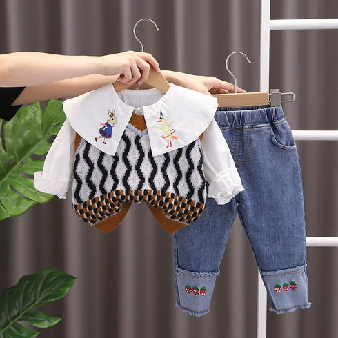 Girls lapel shirt long sleeve suit baby girl sweater waistcoat set of three