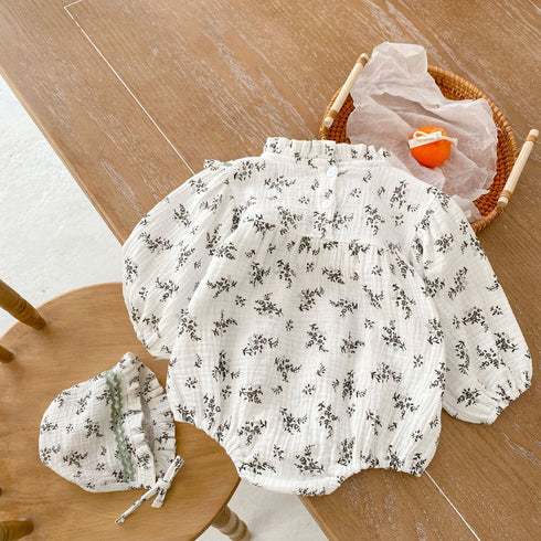 Infant double-sided cotton printing long sleeve ha jumpsuit triangle climbing clothing hat