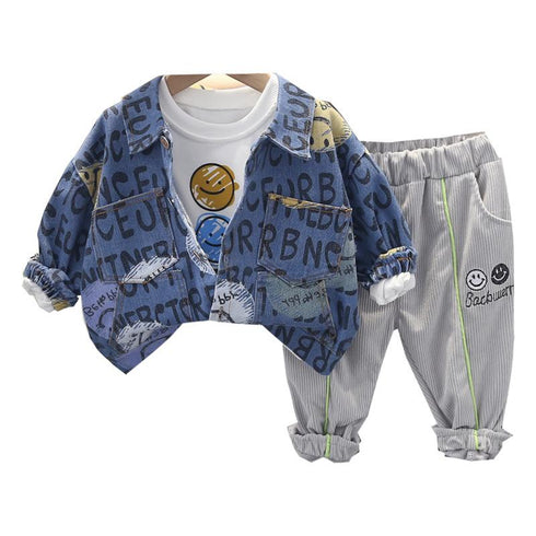 Boys Spring and Autumn Denim Coat Long Sleeve Three-Piece Set