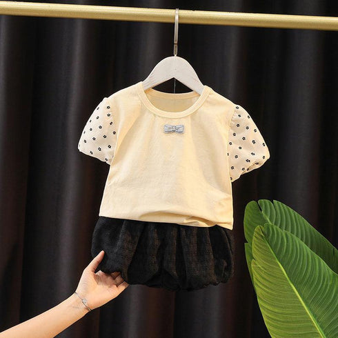Girls' Suit Short Sleeve Top + Two-piece Bloomers