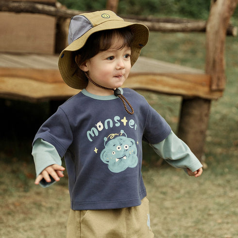 Children's Fake Two-Piece Long Sleeve Interior Colorblock Printed Top