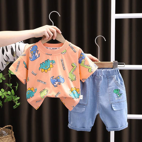 All Over Print Round Neck Short Sleeve Suit Boys' Casual Denim Shorts Two-piece Set