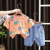 All Over Print Round Neck Short Sleeve Suit Boys' Casual Denim Shorts Two-piece Set