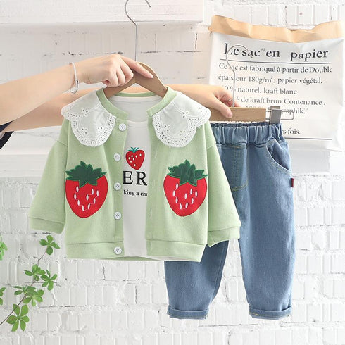 Strawberry Lapel Long Sleeve Three Piece Set