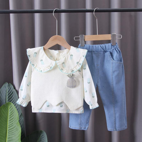 Pineapple Lapel Shirt Long Sleeve Suit Baby Girl Casual Sweater Vest Three Piece Set