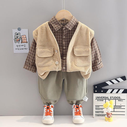 Spring and Autumn Boys Three-Piece Shirt Long Sleeve Set