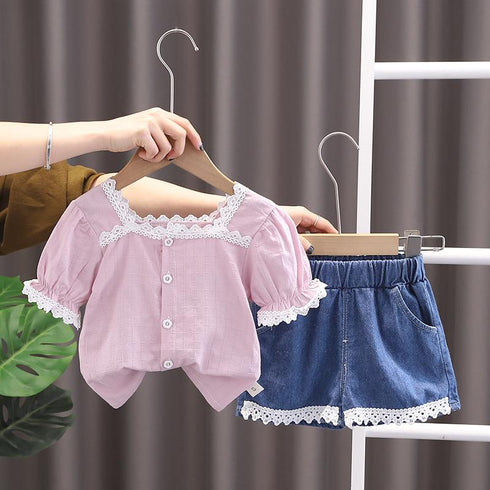 Straight Neck Lace Shirt Short Sleeved Denim Shorts Set