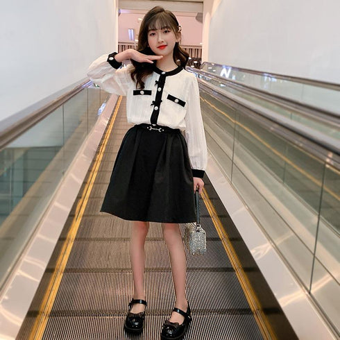 Girl's Spring Dress Little Fragrance Shirt Skirt Set