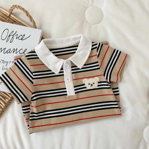 Vintage striped one-piece dress lapel Polo shirt baby handsome creeping suit