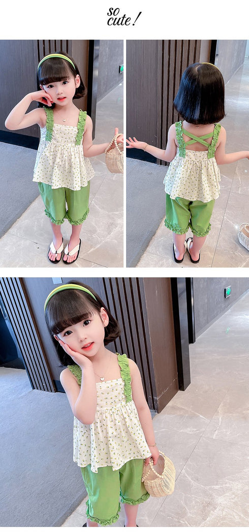 Summer Suit 2022 New Girls Foreign Style Floral Suspender Top Cropped Pants Two-piece Set