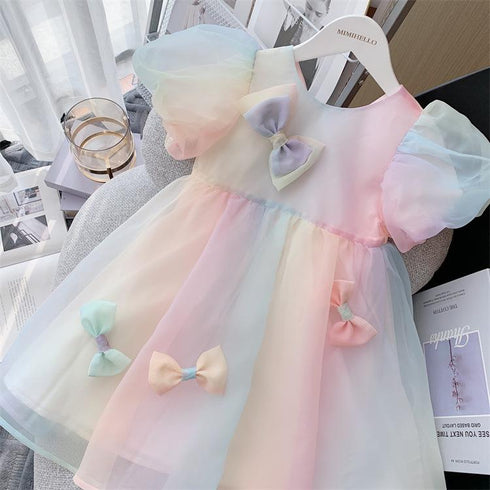 Summer New Girl Short Sleeve Dress Sweet Rainbow Princess Dress Bow Skirt