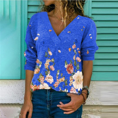Fall/Winter Printed Loose V-Neck Long Sleeve Shirt