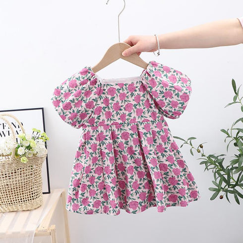 Girl's Summer Dress Girl's Bubble Sleeve Flower Sweet Princess Dress