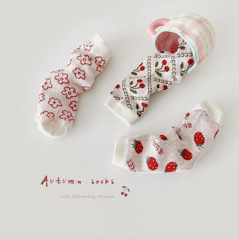 Strawberry flower girls socks double needle baby socks combed cotton(Three Pairs)