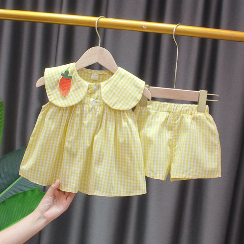 Summer New Girl Doll Collar Short Sleeve Set Baby Girl Fruit Decoration Plaid Two-piece Set
