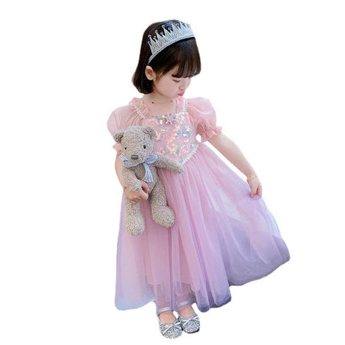 Girls Summer Short Sleeve Pink Mesh Sequin Princess Dress