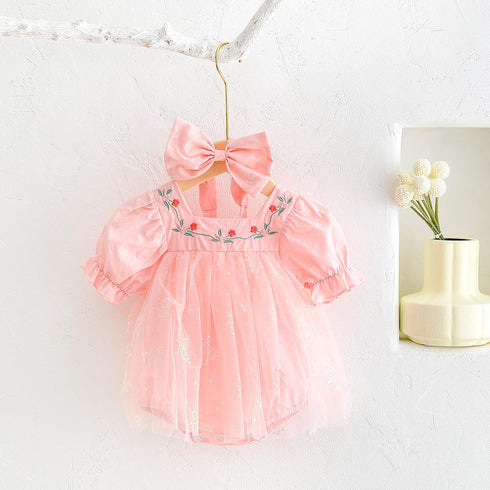 Bubble Sleeve Mesh Dress Bodysuit Hairband