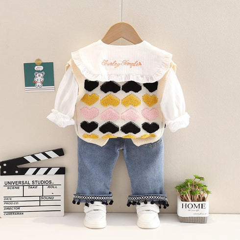 Spring and Autumn Girls Knitted Sweater Cardigan Shirt Jeans Three-Piece Set