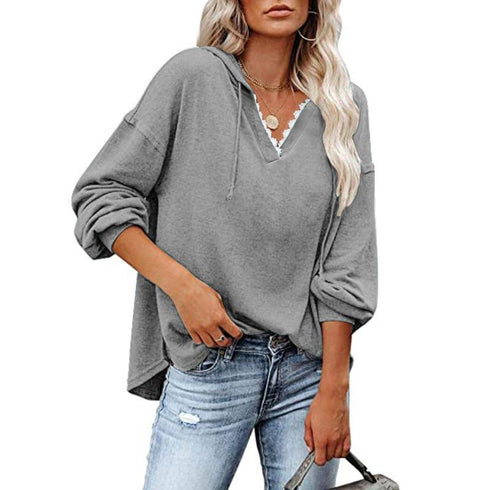 Fall Winter Solid Lace V-Neck Loose Hoodie