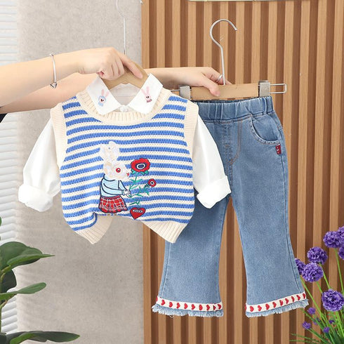 Girls' Casual Sweater Vest LONG SLEEVE Three Piece Set