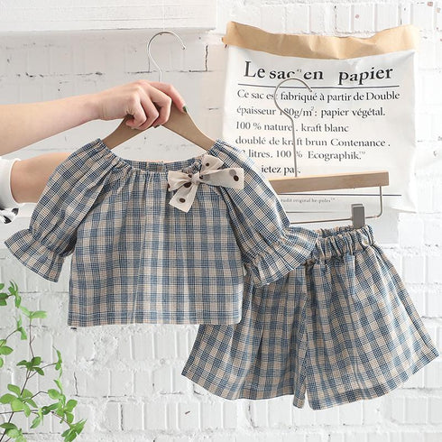 Round Neck Plaid Short Sleeve Suit Casual Shorts Two Piece Set