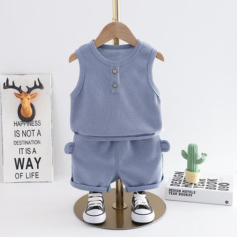 Round Neck Solid Color Thin Sleeveless T-shirt Kids' Casual Two-piece Set