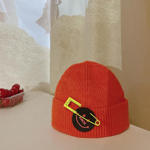 Children's Knitted Hat Autumn And Winter Pin Smiling Face Circumference 18.1-18.9 inch