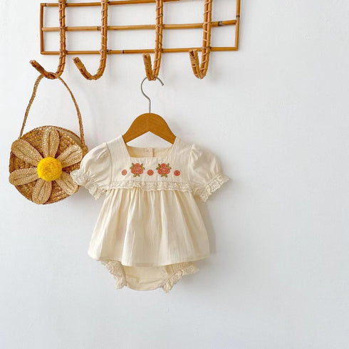 Flower Embroidered Short Sleeve Top Bread Shorts Baby Two Piece Set