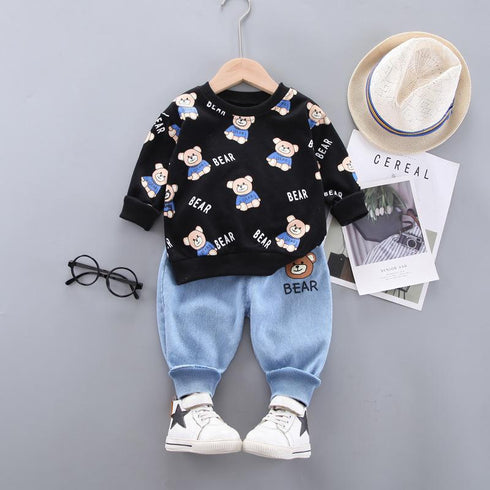 Spring and Autumn Boys Fleece Jeans Set